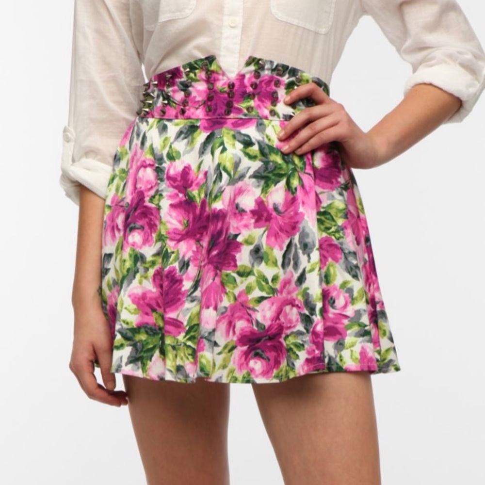 Reverse Floral Studded Mini Skater Skirt